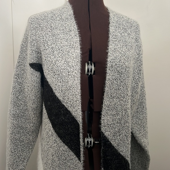Heather Grey Black and White Fluffy Mid Length Sweater Cardigan - Picture 3 of 5